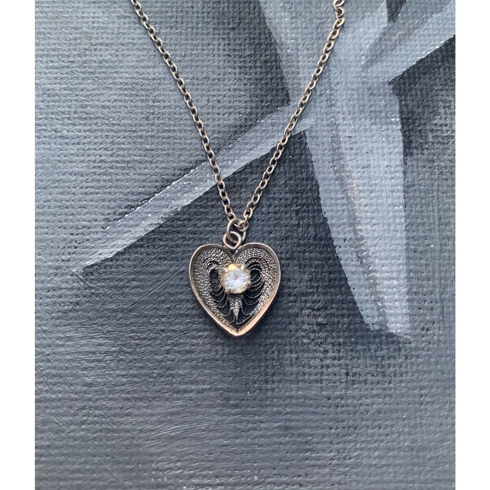 Sterling Filigree Heart with Rhinestone Necklace